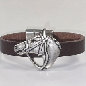 Equestrian Brown Leather Bracelet with Silver Horse Head Accent